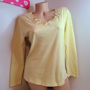 Vintage Yellow Long Sleeve Cotton Top With Embroidery Size Medium
